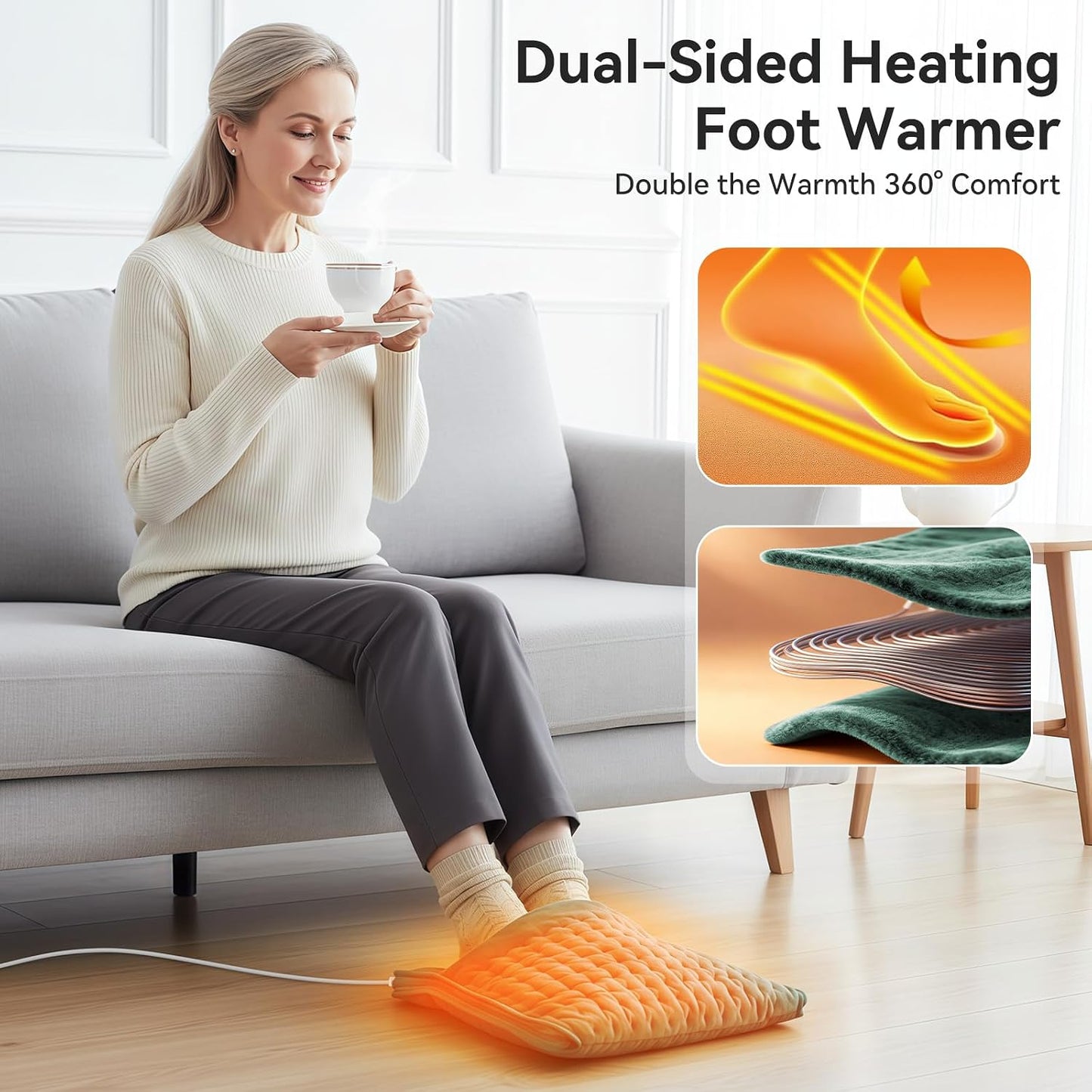 Electric Foot Warmer for Feet: Double Sided Foot Heated Pad with Six Adjustable Four Timed Options Machine Washable Easy to Fold, Feet Warmer for Bed Desk Office Birthday/Christmas Gift