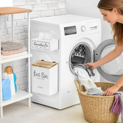 Magnetic Lint Bin and Dryer Sheet Holder Set for Laundry Room Organization | Wall Mounted Laundry Organization and Storage,Wooden Lint Trash Can with Lid and dryer sheet dispenser,Laundry Room Trash Can