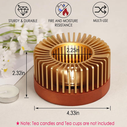 Teapot Warmer, Aluminum Alloy & Wood Tea Warmer with Tealight Holder, Rose Gold Teapot Heater for Heating Coffee, Milk, Food Indoors and Outdoors, Suitable for All Teapots