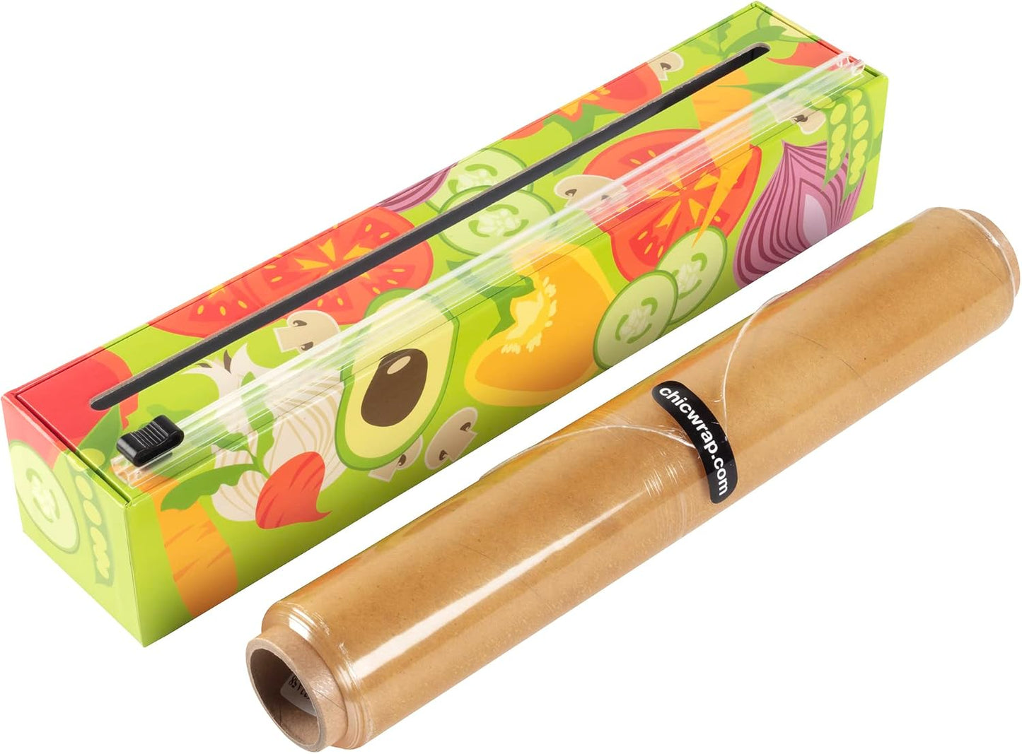 Chicwrap Veggies Refillable Plastic Wrap Dispenser - Includes One 12" x 250' Roll of Professional Grade Plastic Wrap - BPA Free and Kosher Certified - Reusable Dispenser w/Slide Cutter | Reusable Plastic Wrap Dispenser with Four Non-Slip Rubber Feet and
