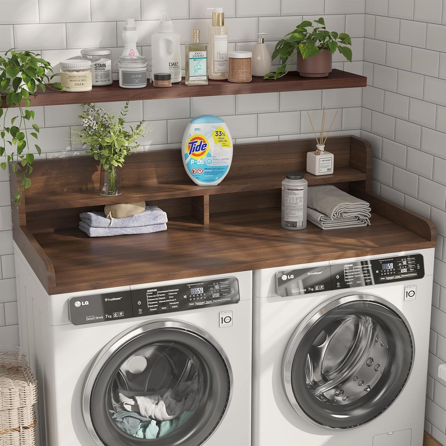 2-Tier Washer Dryer Countertop with 2.75" H Edge Rails, 54" W x 27.55" D Laundry Countertop for Folding Clothes, Washer and Dryer Topper with Non-Slip Pad (Dark Walnut)