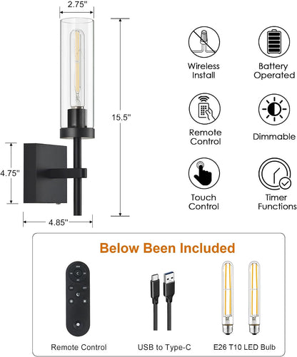 Wireless Wall Sconces with Remote Control, Battery Operated Wall Sconce Set of 2, Black & Gold Rechargeable Dimmable Wall Light for Bedroom Living room Bathroom Hallway Entryway Stairwell, 3000K