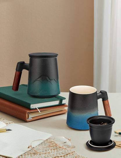 suyika Tea Cup with Infuser and Lid, Gradient Black & Blue, 15.2oz /450ml