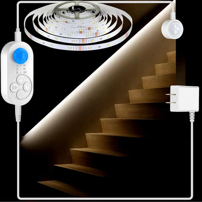 Dual Motion Sensor Light Indoor - Plug-in Adjustable LED Step Stair Light Strip with Double Sensor Detection, Timer & Dimmer for Staircase, Hallway, Bedroom (16.4FT 3000K Warm White)