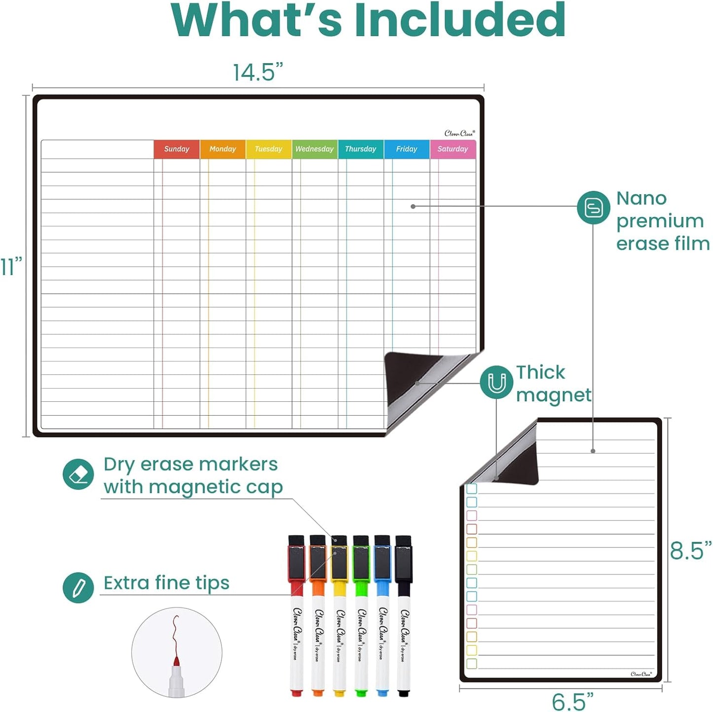 Magnetic Dry Erase Weekly Calendar for Fridge - Large 17"x12" Magnetic Weekly Planning Board with Hourly Time Slots - 6 Extra Fine Point Markers Included