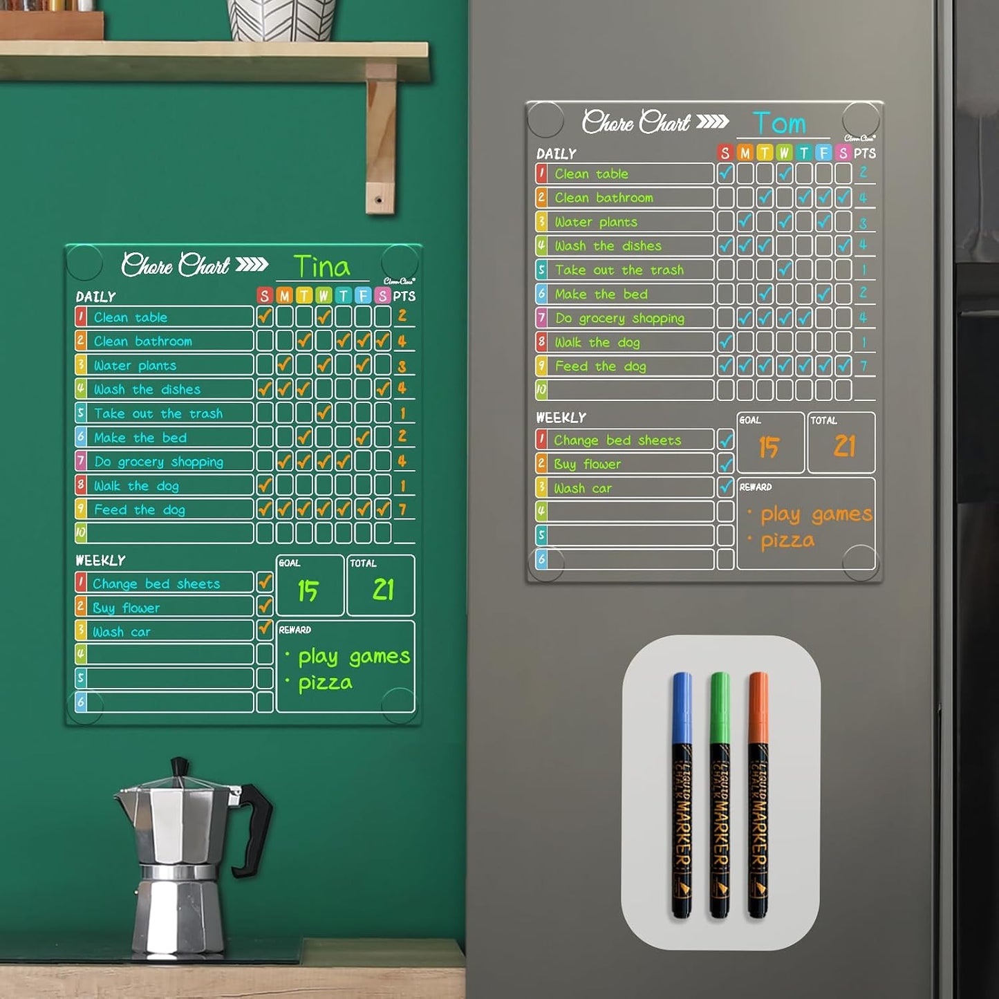 Clear Non-Magnetic Calendar Set for Fridge - Dry Erase Transparent Monthly and Weekly Calendar, List and Blank Whiteboard - Sticks to Wall, Glass, Door, Any Smooth Surfaces