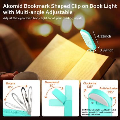 Akomid USB Rechargeable Book Light for Reading in Bed, 8 LEDs Bookmark Style Clip on, Eye-Cared Amber Light Mode for Kids, Blue Light Blocking, Stepless Dimming,Khaki