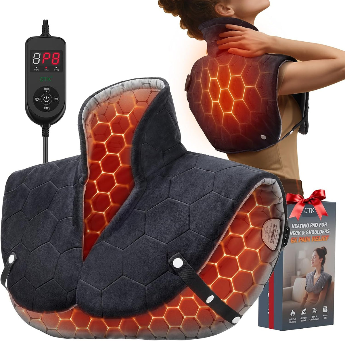 Far Infrared Heating Pad for Neck and Shoulders and Back - 6X Deeper Pain Relief, Graphene 30s Fast Heat, 8 Heat Setting, 16 Timer, Automatic Memory, Weighted Heating Pads Gift for Women&Men (Grey)
