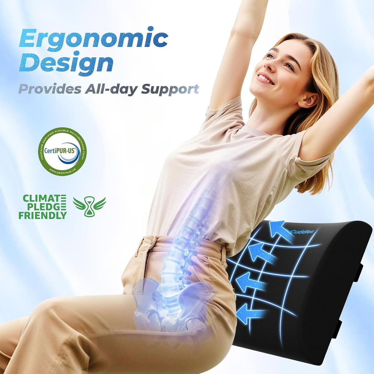 Lumbar Support Pillow, Ergonomic Back Cushion for Office Chair, Black/Large