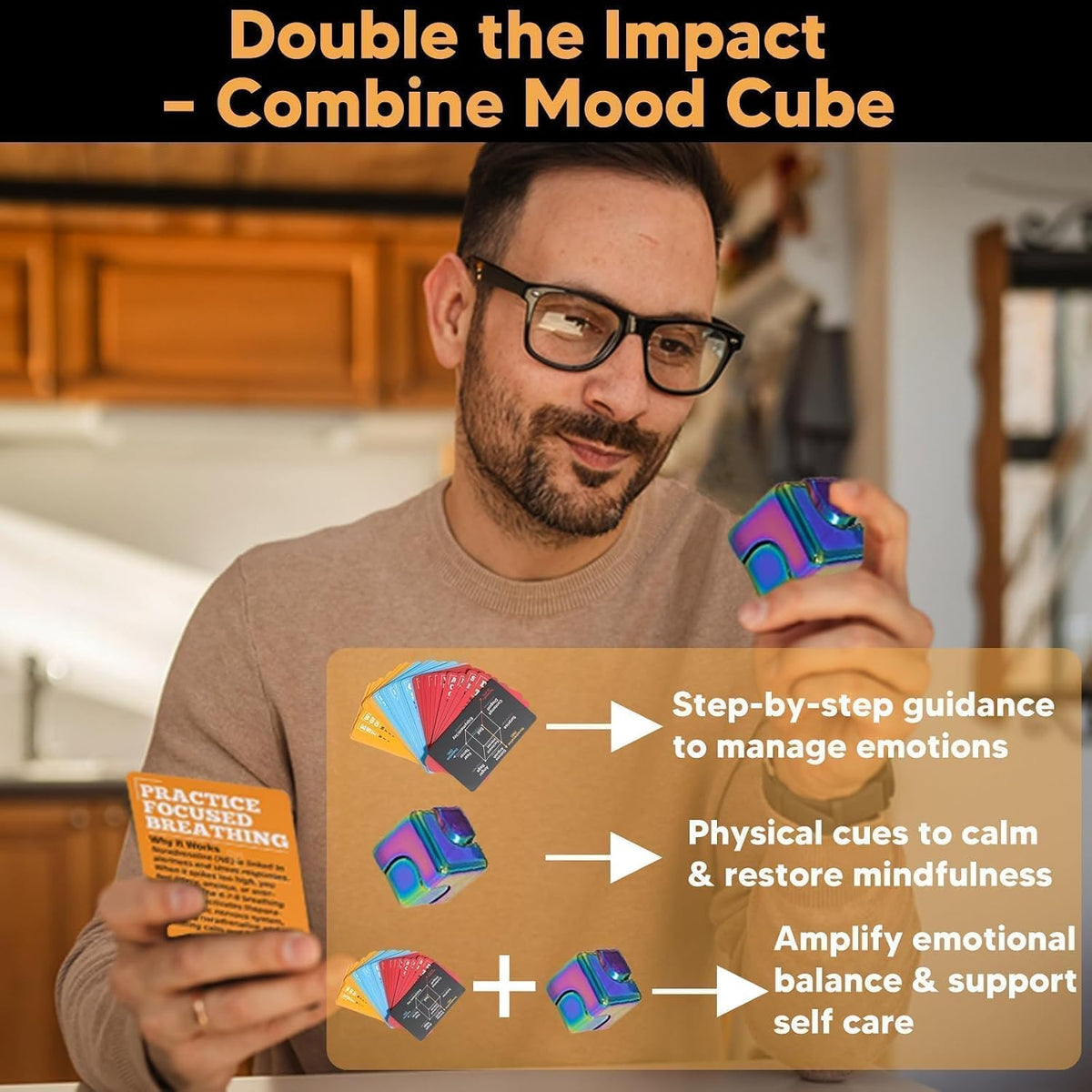 Self Care Cards for Anxiety Relief with MoodCube Spinner, 45 Science-Inspired Mindfulness Exercises for Adults, Relaxation & Emotional Wellness Gift for Friends, Colleagues & Family