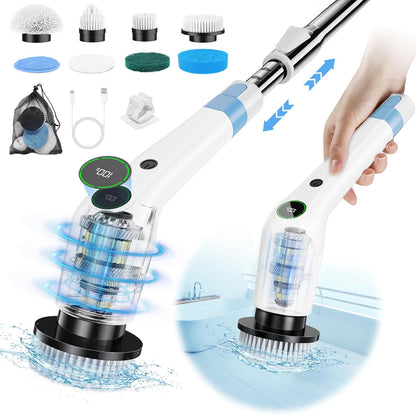 PUFTEM Electric Spin Scrubber, Cordless Shower Scrubber, Adjustable Handle | Dual Speed, 8 Replaceable Brush Heads, Adjustable Extension Handle, Battery Level Display, Bathtub, Tile & Floor Cleaning