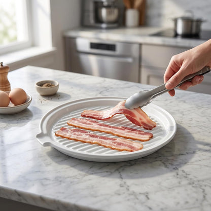 ONEMORE Microwave Bacon Cooker, Ceramic Bacon Tray with Splatter Cover | Meat Rack for Oven Cooking Crispy Bacon Maker with Collapsible Lid - 13 inch Round Bacon Dish Plate, Dishwasher Safe, White