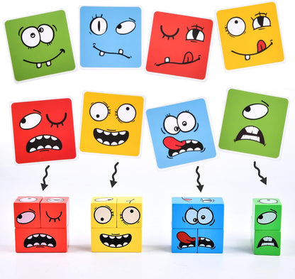 Wooden Face Changing Magic Cube Building Blocks Game Matching Expression Puzzle Toy Board Games for Family Night, Match Puzzles Geometric Educational Toys for Kids and Adults
