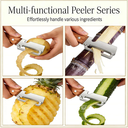 3Pcs Multifunctional Vegetable Peeler, 2-in-1 Multifunctional Vegetable Peeler with Wooden Handle & Stainless Steel Blade, Built-in Bottle Opener, Fruit & Vegetable Kitchen Peeling Tool