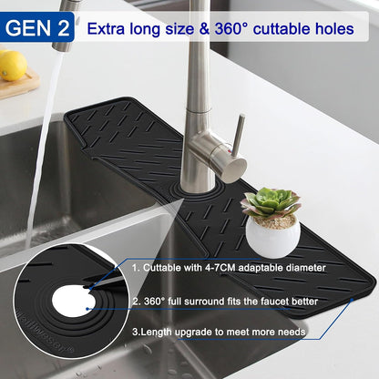 Silicone Faucet Mat for Kitchen Sink – Gen 2 Splash Guard with Upgraded Outlet & Slope – 18” x 5.1” Water Catcher & Sink Sponge Holder for Kitchen and Bathroom (Black)