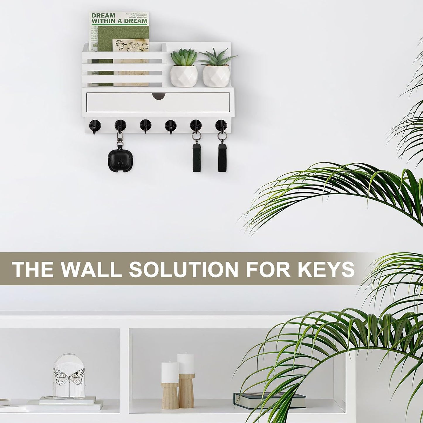 Key Holder Wall Mount, Mail Holder with Storage Drawer | Key and Mail Holder with 5 Key Hooks for Coat, Dog Leash, Home Decor Rack, House Accessories, Entry Way Organizer