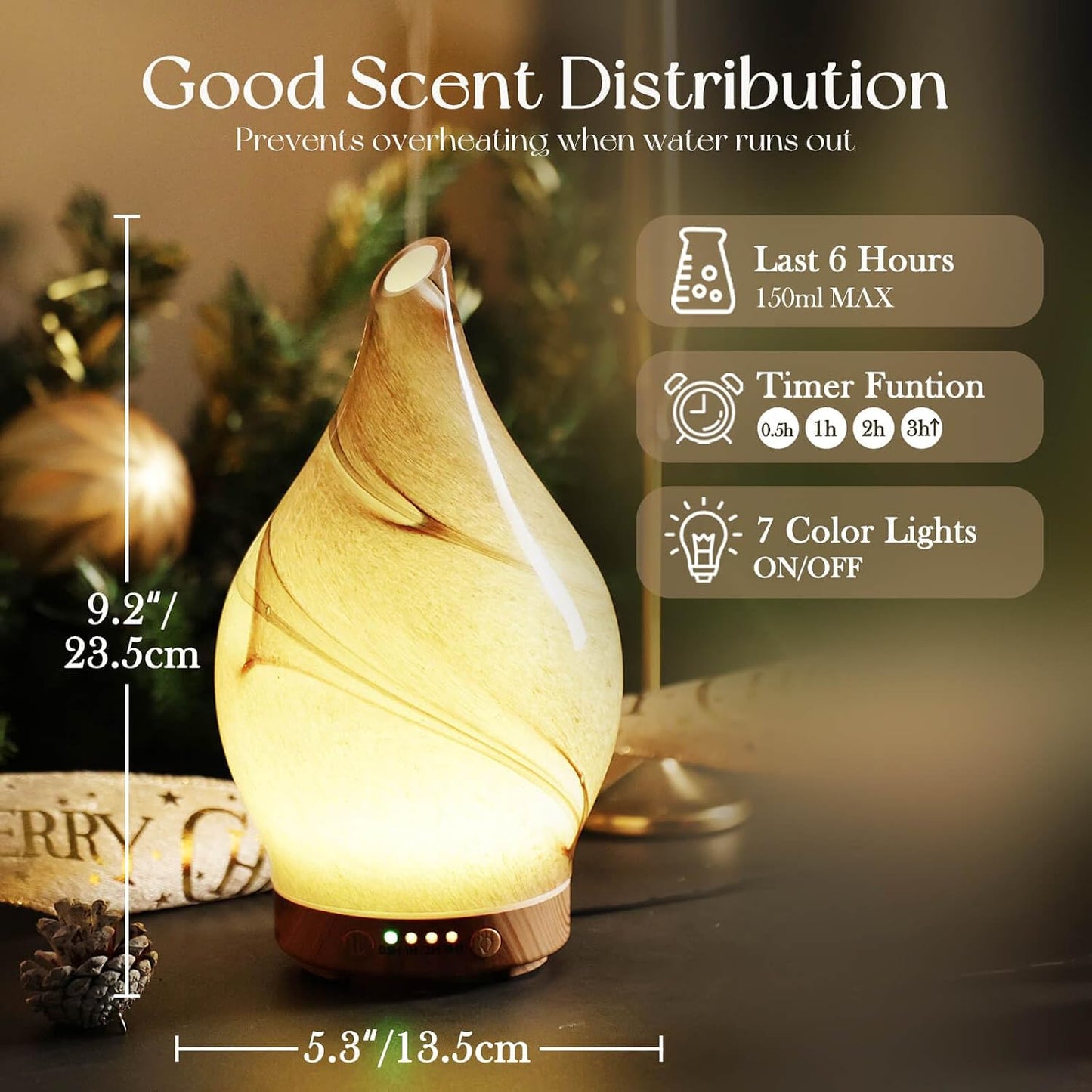 Porseme Oil Diffuser 3D Glass Aromatherapy Ultrasonic Humidifier, Air Refresh Auto Shut-Off, Timer Setting, BPA Free for Home Hotel Yoga Leisure SPA Gift 150ml Last 6H - Colors A