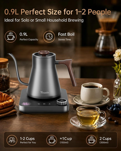 Gooseneck Electric Kettle with Temperature Control, 0.9L, Black | ±1°F Precision Pour Over Kettle, LCD Dual Display, Smart Two-Stage Heating, 2H Keep Warm, 304 Stainless Steel Interior