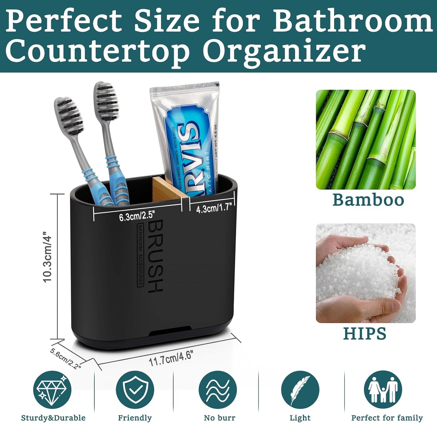 Bamboo Toothbrush Holder for Bathrooms Toothpaste Organizer, Small, White | 2 Slots, Easy to Clean, Plastic, Kids Electric Toothbrush, Drainage, Removable, For Bathroom, Vanity, Kitchen Sink, Office