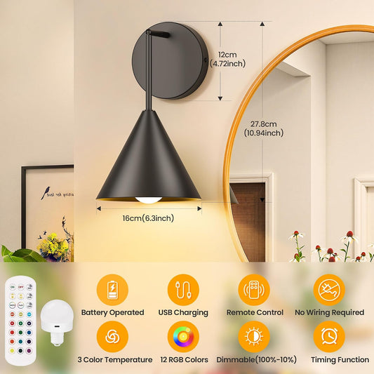 MATAMEYE Rechargeable Wall Sconce Black Wireless Battery Operated Wall Lamp