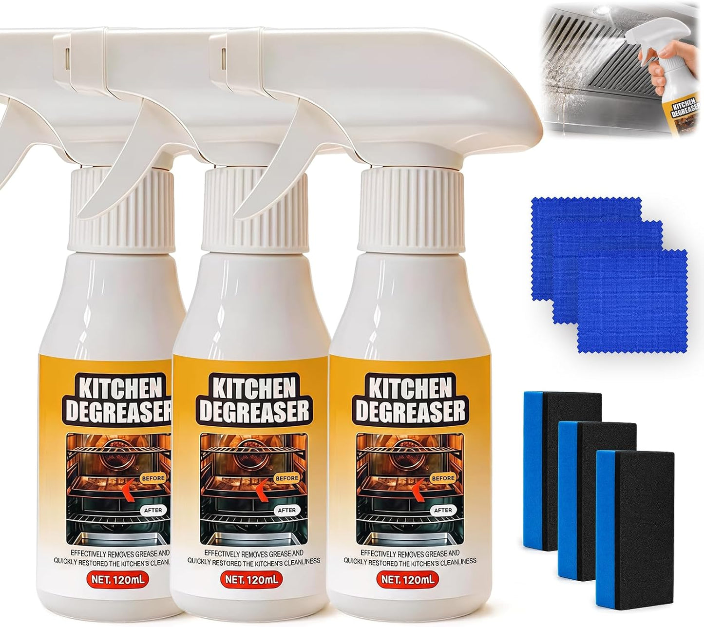 Kitchen Degreaser Spray 120ml, All Purpose Heavy Duty Grease Remover Cleaner for Oven, Stovetop, Microwave & Range Hood, Foam Cleaner for Kitchen Surfaces.(1pc)