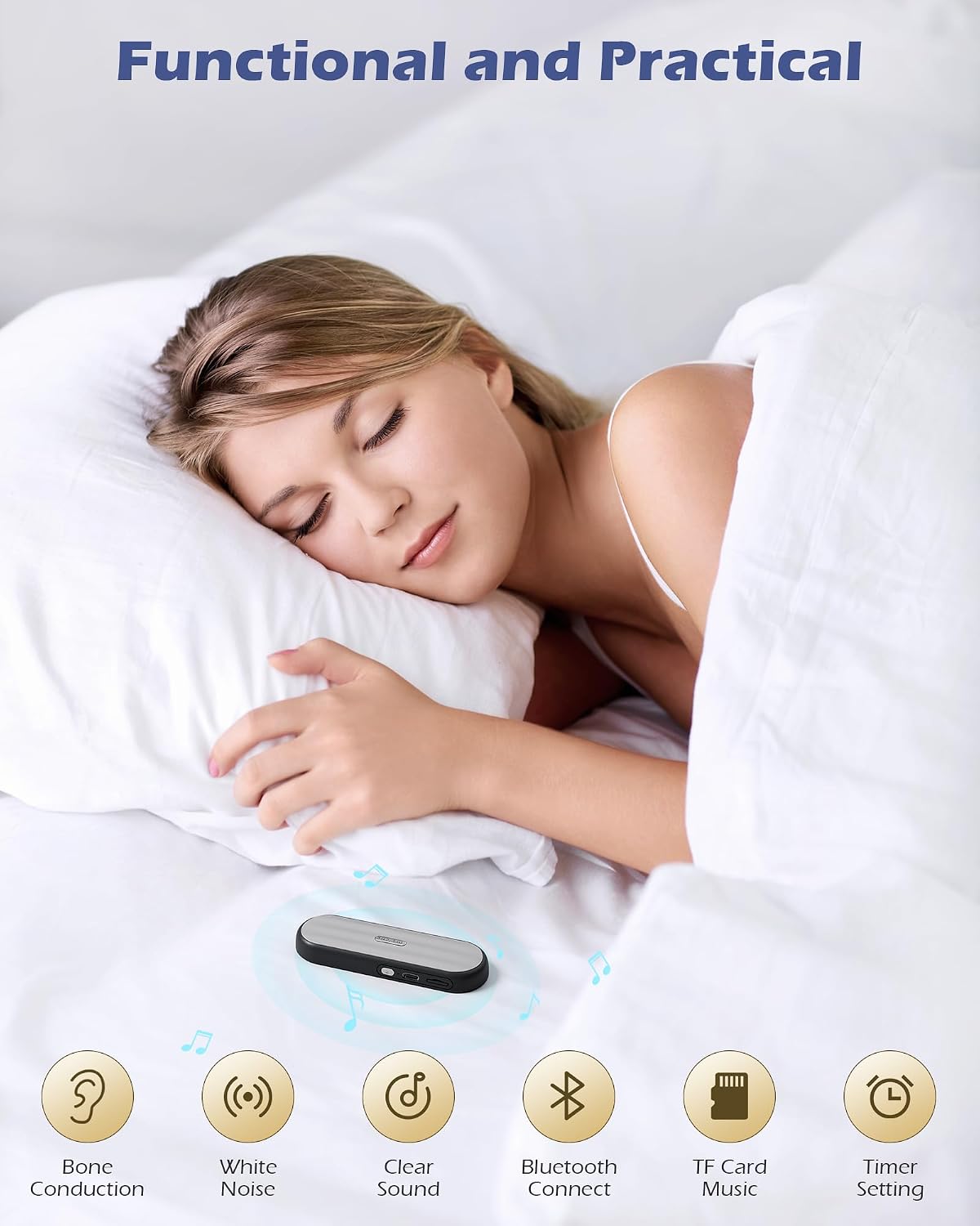Under Pillow Bluetooth Speaker for Sleep: Private Bone Conduction Portable Speaker with White Noise - Long Battery Life for Soothing Sleep Sound (White)