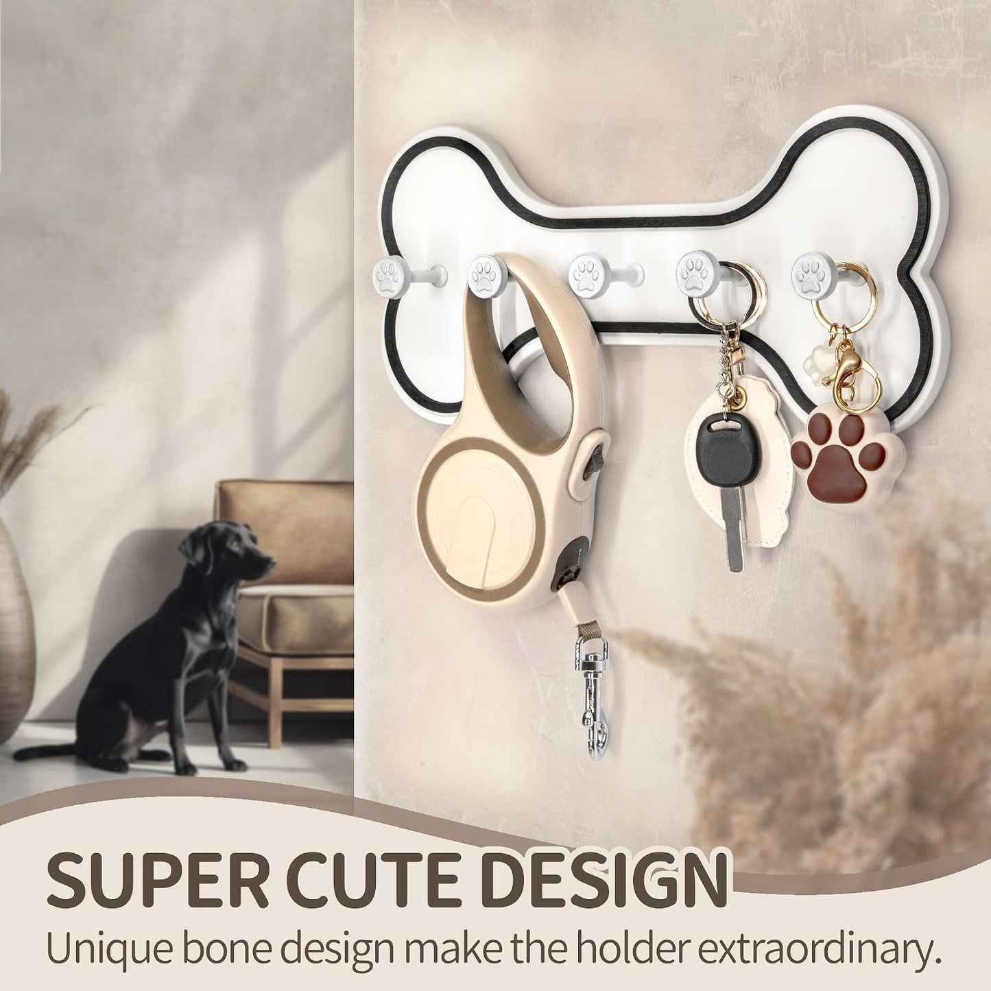 MTERSN Dog Leash Holder Wall Mount with 3D Paws Hooks, Distressed White | Bone-Shaped Dog Leash Holder for Wall, Leash Holder, 5 Dog Leash Hook, Pet Accessories Storage, Gift for Dog Lovers