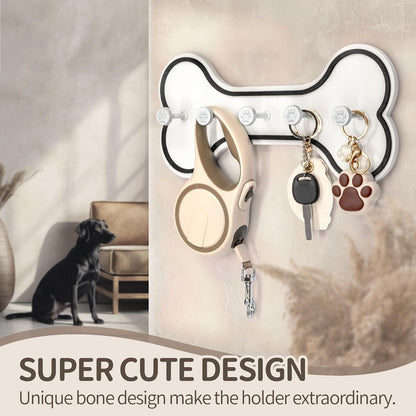 MTERSN Dog Leash Holder Wall Mount with 3D Paws Hooks, Distressed White | Bone-Shaped Dog Leash Holder for Wall, Leash Holder, 5 Dog Leash Hook, Pet Accessories Storage, Gift for Dog Lovers