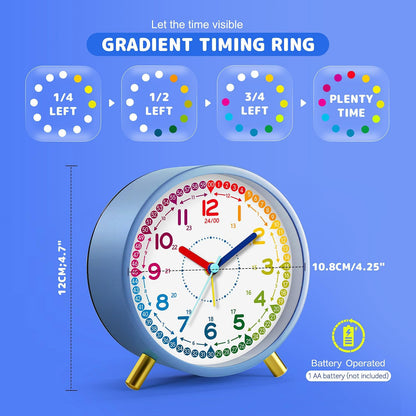 Kids Alarm Clock, Silent Non-Ticking, Analog Learning Clock for School Beginners, Stylish Round Metal Clock, Easy to Read, Battery Operated, Loud Ringing Back to School Gifts