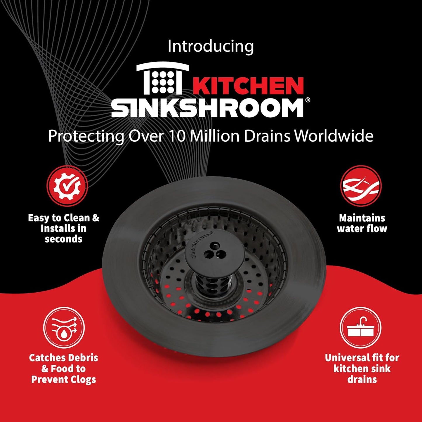 Kitchen SinkShroom Revolutionary Clog-Free Stainless Steel Sink Strainer, Black, 1-(Pack)