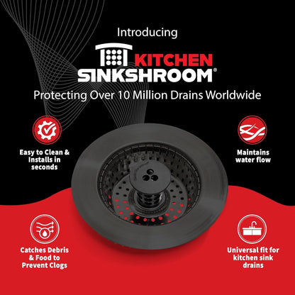 Kitchen SinkShroom Revolutionary Clog-Free Stainless Steel Sink Strainer, Black, 1-(Pack)