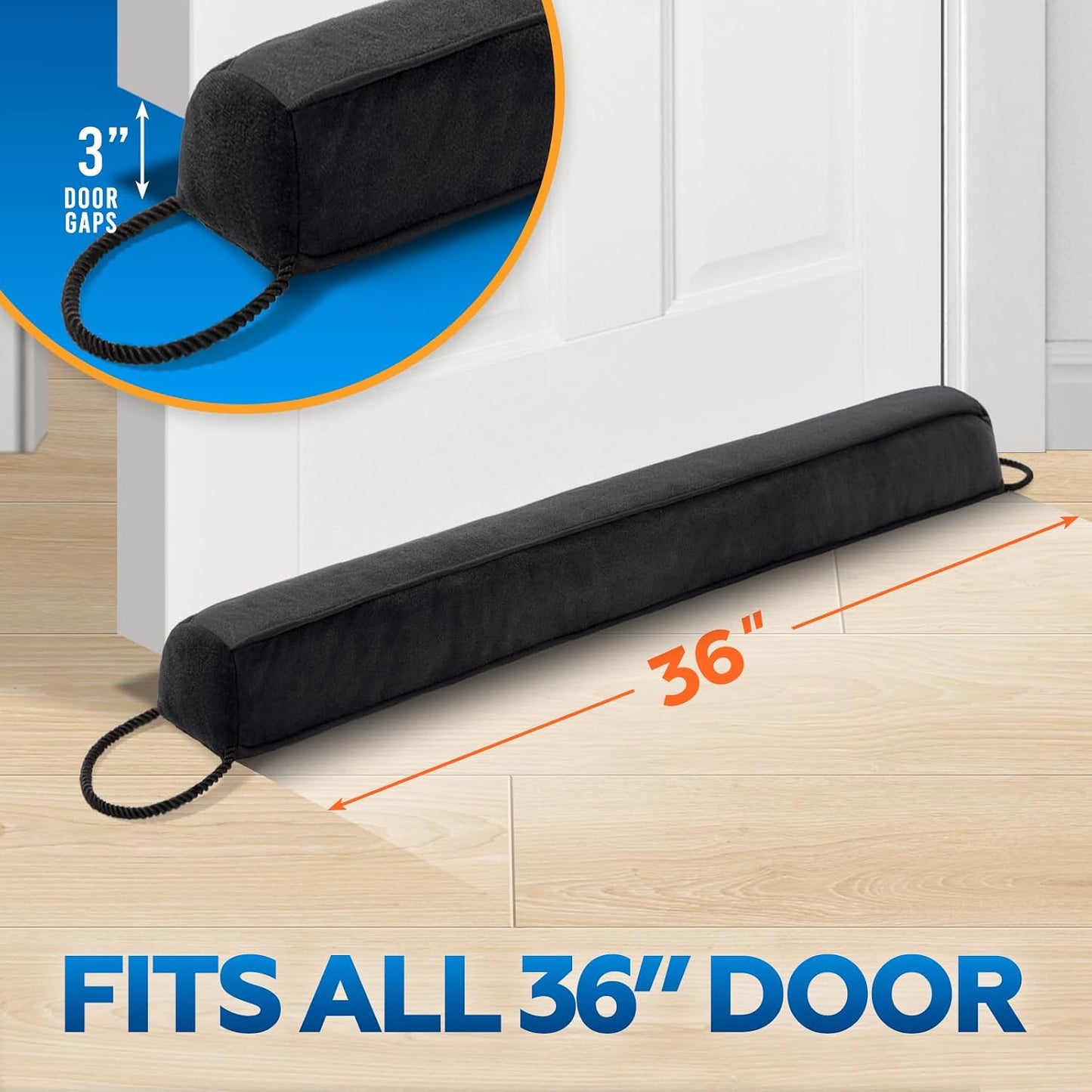 Comfyanno 38” Weighted Under Door Draft Stopper, 2.2lb Door Wind Blocker | Fits 3” Large Gap, Block Air Draft from Bottom Door, Fits Front Door, Bedroom Door, Interior Door, Easy to Install, Black