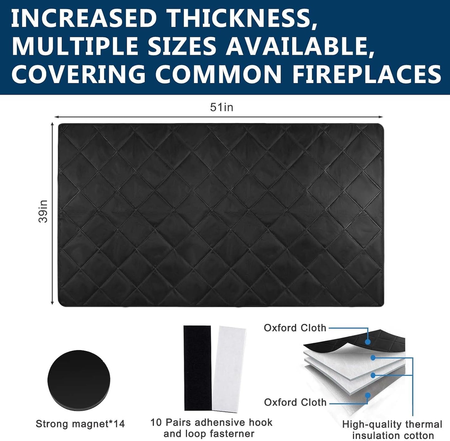 Magnetic Fireplace Cover Blanket Draft Stopper 45*34in Brick Fireplace Screen Insulation Cover Chimney Cold Air Blocker with Strong Magnet Hook-and-Loop Fasteners for Winter Iron Frame Stops Heat Loss