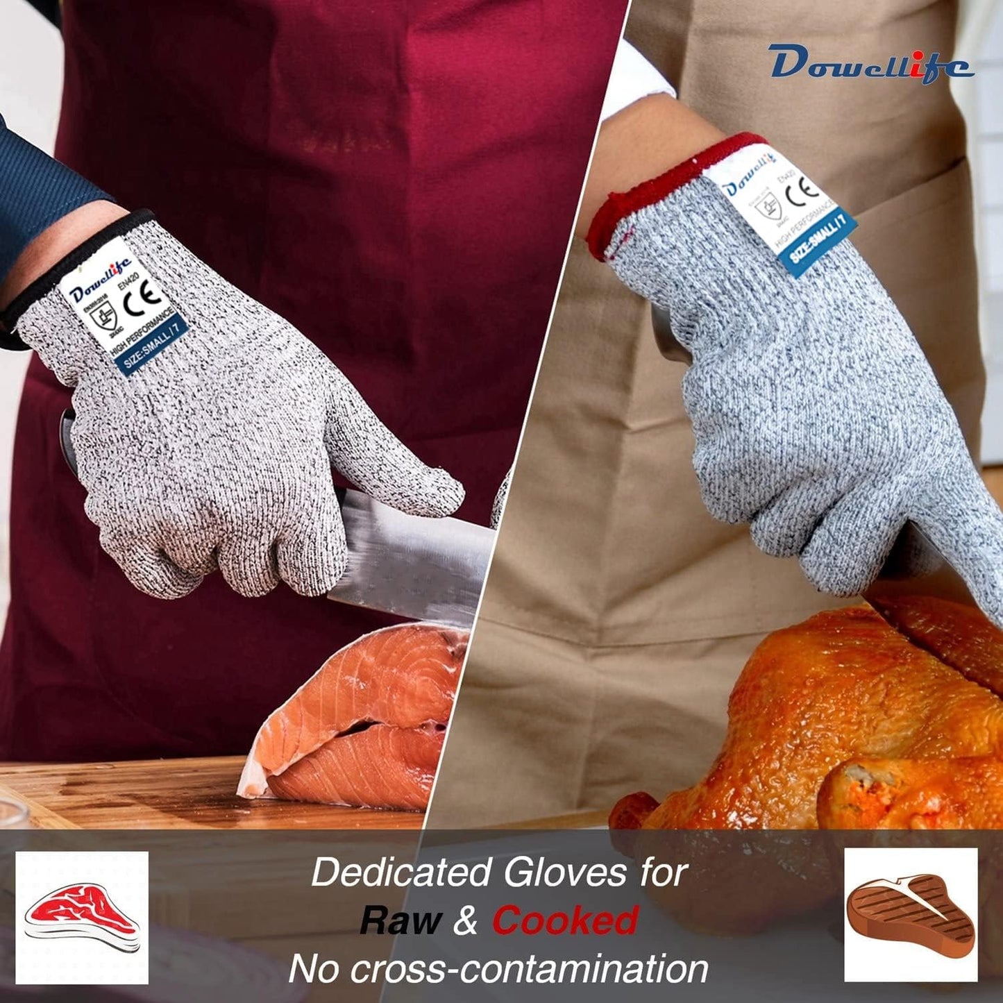 Dowellife Cut Resistant Gloves Food Grade Level 5 Protection, Safety Kitchen Cuts Gloves for Oyster Shucking, Fish Fillet Processing, Mandolin Slicing, Meat Cutting and Wood Carving. (X-Large)