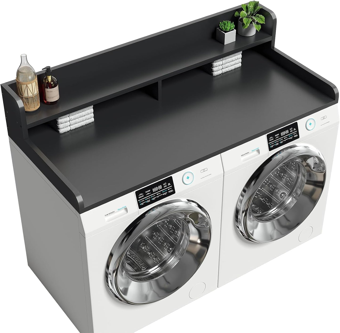 2-Tier Washer Dryer Countertop with 2.75" H Edge Rails, 54" W x 27.55" D Laundry Countertop for Folding Clothes, Washer and Dryer Topper with Non-Slip Pad (Dark Walnut)