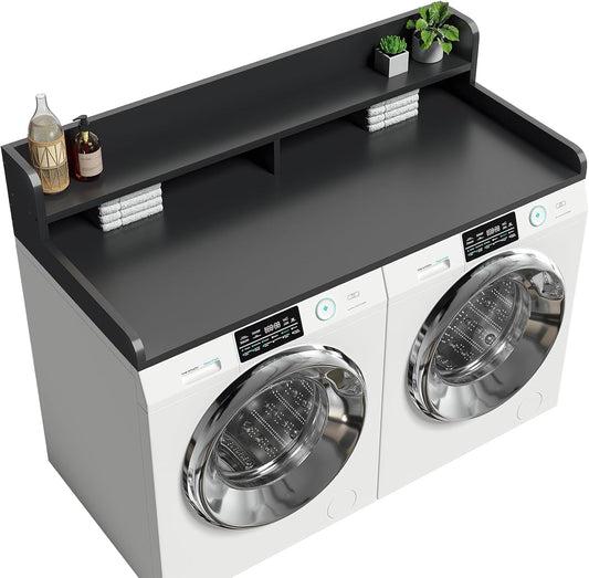 2-Tier Washer Dryer Countertop with 2.75" H Edge Rails, 54" W x 27.55" D Laundry Countertop for Folding Clothes, Washer and Dryer Topper with Non-Slip Pad (Dark Walnut)