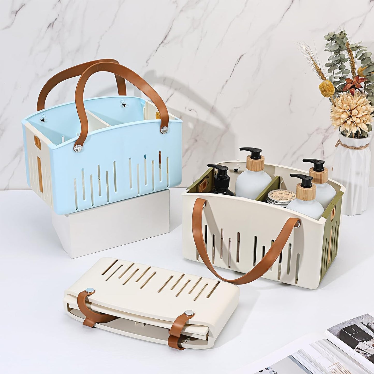 Portable Shower Caddy Collapsible Plastic Shower Basket Tote with Handles Removable Divider, Cleaning Caddy Storage Organizer for Bathroom College Dorm (White)
