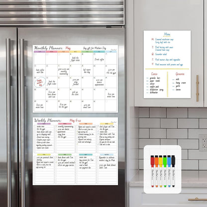 Non-Magnetic Dry Erase Calendar Set for Fridge - Reusable Monthly and Weekly Calendar Sticks to Most Smooth Surfaces - 6 Dry Erase Markers Included - Shipped Flat