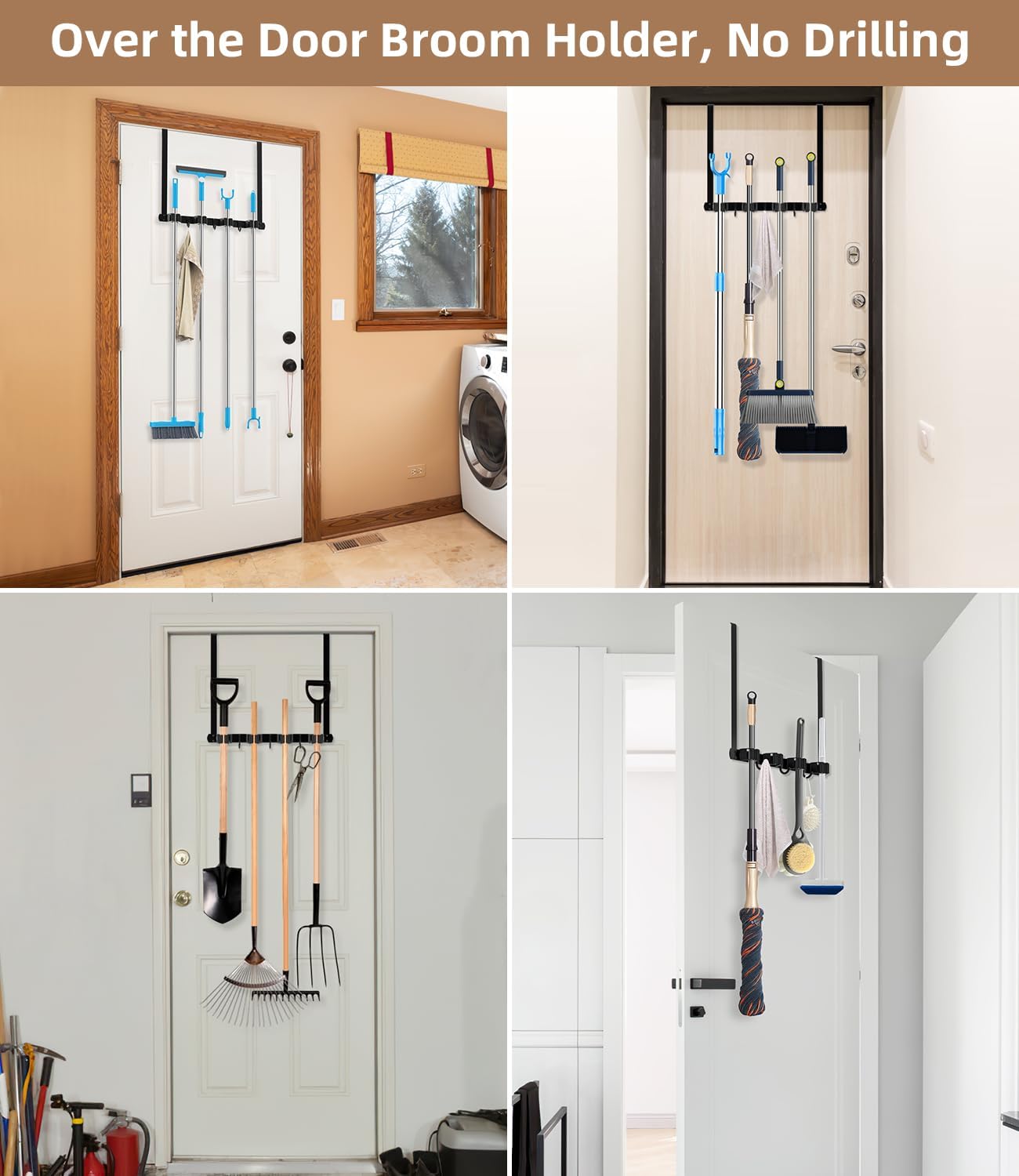 Broom Holder Over The Door with Hooks -304 Stainless Steel (Black) | Save Space, Anti-Rust & Sturdy, Mop and Broom Holder Wall Mounted or Hanging Over The Door, for Garage Laundry Kitchen