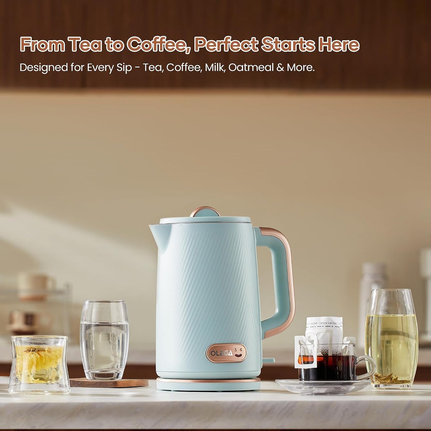 OLEGA Electric Tea Kettle: 1200W Fast Boil Electric Water Kettles 1.5L | Stainless Steel Kettle; Large Electric Water Kettle; Plastic Free Teapot; Auto Shut-Off Water Boiler; Fast Boil Kettles