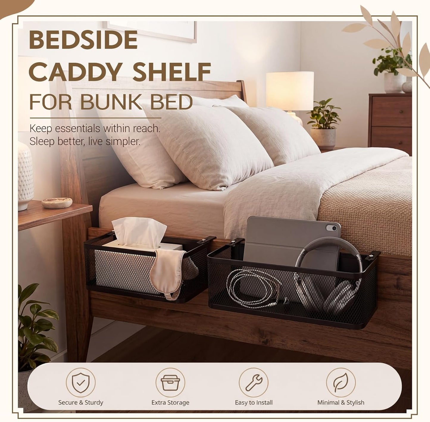 2 Pcs 2 Size Metal Mesh Bedside Storage Caddy Shelf for Bunk Bed Hanging Storage Basket with Adjustable Hook Bedside Organizer Holder for College Dorm Essentials, Bedroom, Loft Bed(White)