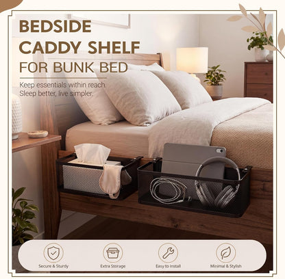 2 Pcs 2 Size Metal Mesh Bedside Storage Caddy Shelf for Bunk Bed Hanging Storage Basket with Adjustable Hook Bedside Organizer Holder for College Dorm Essentials, Bedroom, Loft Bed(White)
