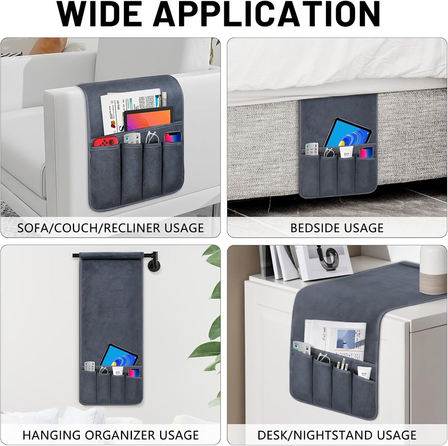 Couch Armrest Remote Control Holder, Polar Fleece Couch Caddy Gifts for Seniors, Non-slip Bed Caddy Tv Remote Holder with 5 Pockets for Key Glasses Phone Magazine Holders