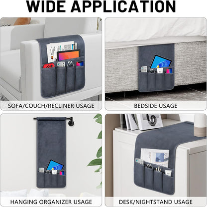 Couch Armrest Remote Control Holder, Polar Fleece Couch Caddy Gifts for Seniors, Non-slip Bed Caddy Tv Remote Holder with 5 Pockets for Key Glasses Phone Magazine Holders