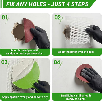 12 x 12 Inch Drywall Repair Kit – 4 Pcs Large Drywall Patch for Wall & Ceiling Holes, Heavy-Duty Aluminum Self-Adhesive Mesh, Includes Plastic Drop Cloths, Scrapers, Sandpaper & Gloves - Quick Fix