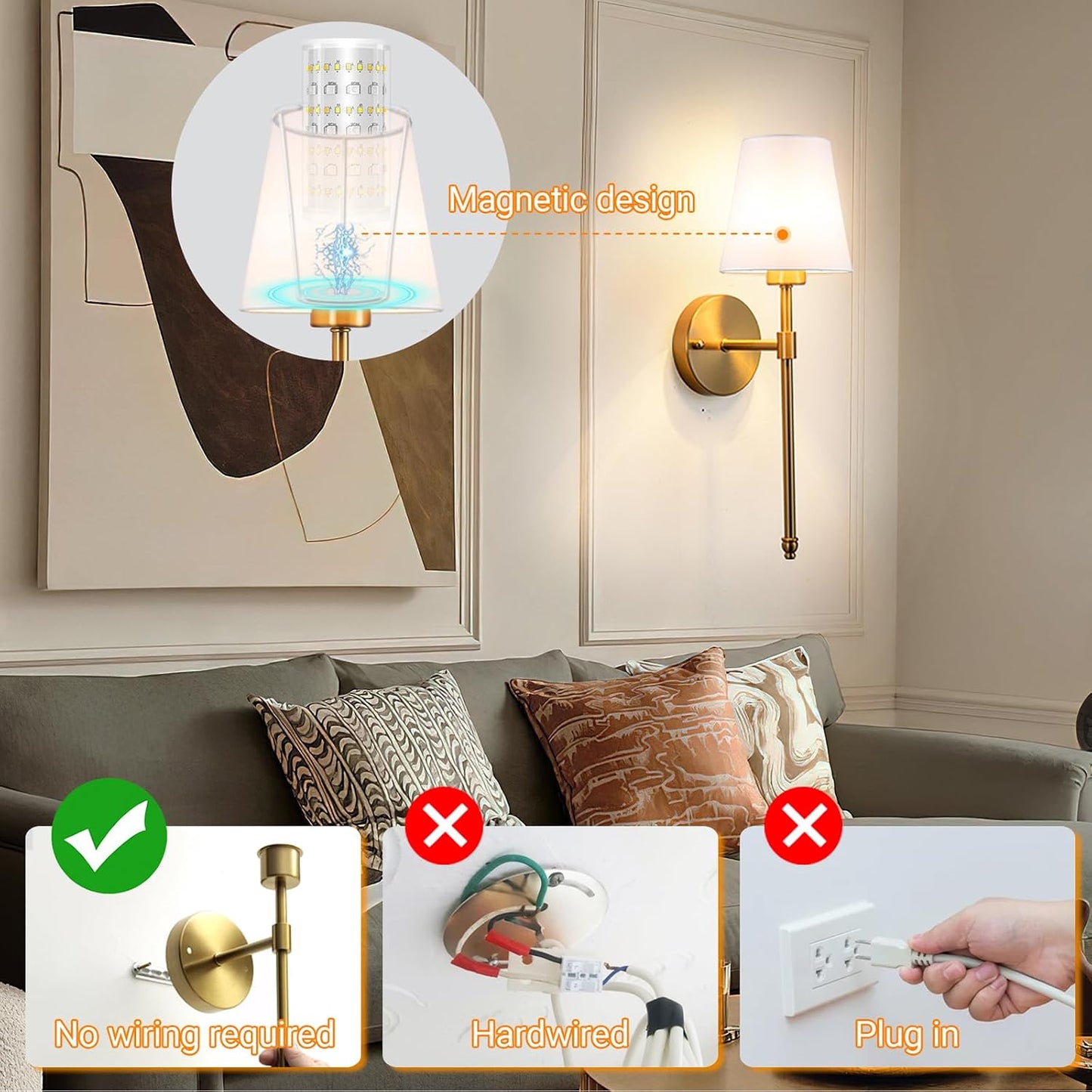Battery Operated Wall Sconces Set Of Two, Wireless Battery Wall Light With 10000mAh RGB Rechargeable Magnetic Bulb, Rechargeable Wall Sconce With Remote Control For Bedroom, No Electrician Required