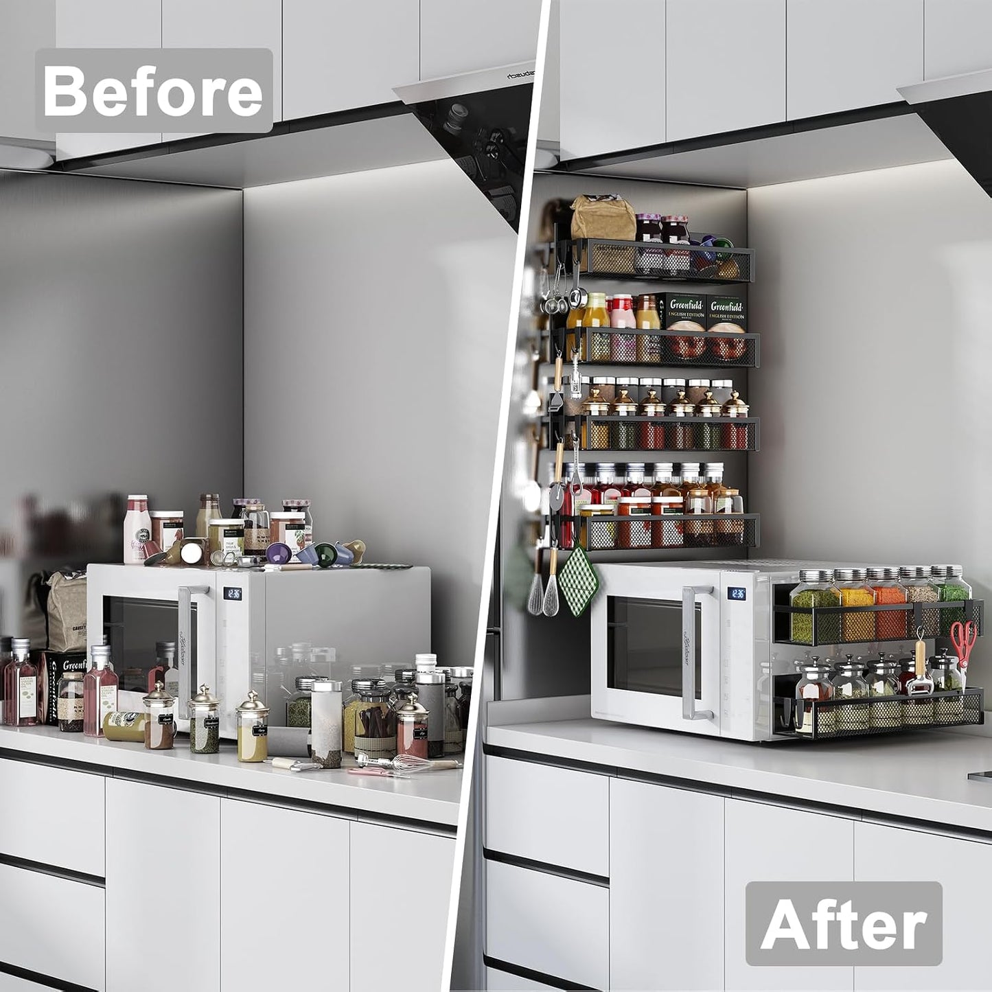 Aufworld Magnetic Spice Rack for Refrigerator, 3 Pack Magnetic Shelf, Moveable Fridge Organizer with 8-Hook Rack, Seasoning Organizer for Kitchen