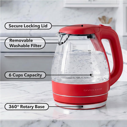 OVENTE 1.5L Glass Electric Kettle Water Boiler, Black KG83B | 1100W Fast Boiling, Borosilicate Glass, BPA-Free, Blue LED, Auto Shut-Off, Boil-Dry Protection, Removable Filter, 360° Base