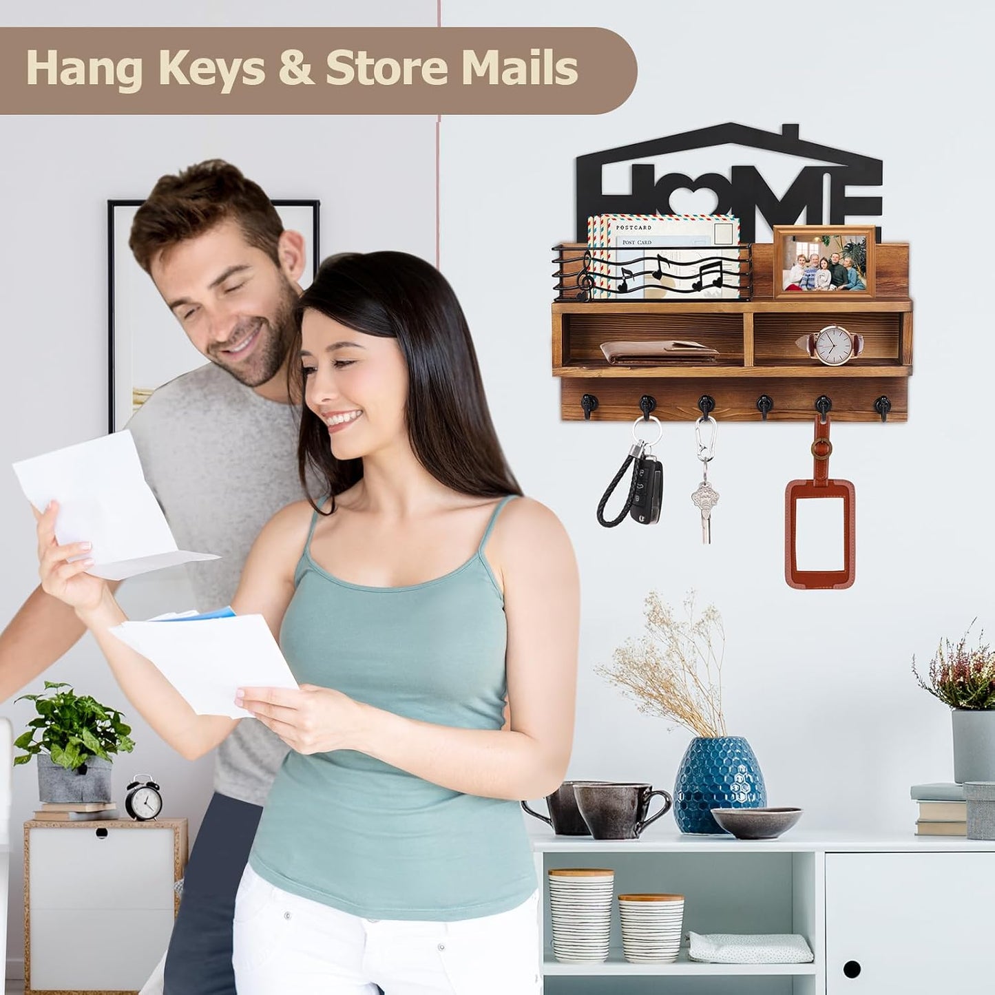 VIS'V Key Holder Wall Mount, Decorative Wood Mail and Key Organizer, White | Contains Iron Storage Basket, Small Shelf, 2 Compartments, 6 Hooks, for Entryway, Hallway, Doorway, Kitchen, Garage, RV