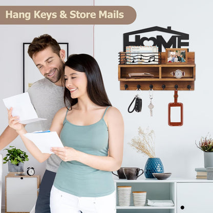 VIS'V Key Holder Wall Mount, Decorative Wood Mail and Key Organizer, White | Contains Iron Storage Basket, Small Shelf, 2 Compartments, 6 Hooks, for Entryway, Hallway, Doorway, Kitchen, Garage, RV